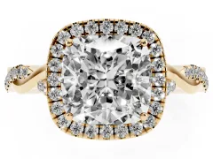 Cushion Cut Diamond Halo Twist Band Solitaire Ring Set in Yellow gold with Prong Setting