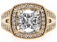 Cushion Cut Diamond Halo Ring Set in Yellow gold with Stone-Set Split Shank and Milgrain Edges