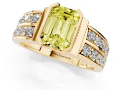 Fancy Yellow Emerald Cut Diamond Wide Channel Set Band Ring Set in Yellow gold with Bezel Setting