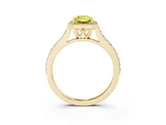 Fancy Yellow Radiant Cut Diamond Halo Engagement Ring Set in Yellow gold with Round Pavé Shoulders and Heart Gallery