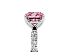 Fancy Pink Cushion Cut Diamond Solitaire Engagement Ring Set in White gold with Round Pavé Band and Prong Setting