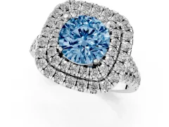 Fancy Blue Round Cut Diamond Double Halo Ring Set in White gold with Pavé Split Shank and Prong Setting