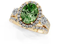 Fancy Green Oval Cut Diamond Halo Split Shank Ring Set in Yellow gold with Round Accent Stones and Prong Setting