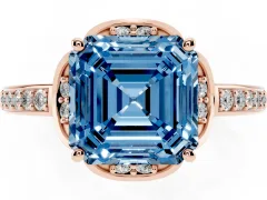 Fancy Blue Asscher Cut Diamond Halo Ring Set in Rose gold with Channel Set Band and Prong Setting