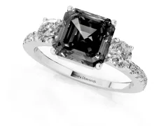 Fancy Black Asscher Cut Diamond Three-Stone Ring Set in Silver with Pavé Band and Graduated Sides