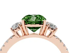 Fancy Green Cushion Cut Diamond Three-Stone Ring Set in Rose gold with Pavé Band and Graduated Sides