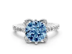 Fancy Blue Round Cut Diamond Solitaire Ring Set in Silver with Pavé Band and Floral Prong Setting