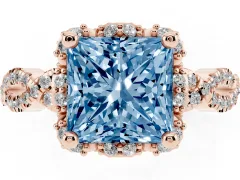 Fancy Blue Princess Cut Diamond Halo Twist Band Solitaire Ring Set in Rose gold with Prong-Set Center Stone