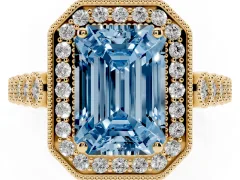 Fancy Blue Emerald Cut Diamond Milgrain Halo Solitaire Ring Set in Yellow gold with Bezel Set Side Stones and Pavé Band
