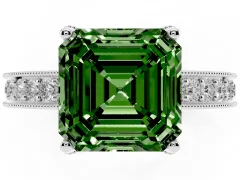 Fancy Green Asscher Cut Diamond Solitaire Ring Set in Silver with Milgrain-Edged Pavé Band and Prong Setting