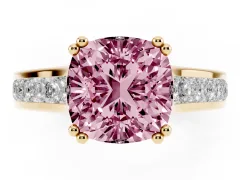 Fancy Pink Cushion Cut Diamond Channel Set Solitaire Engagement Ring Set in Yellow gold with Prong Setting