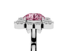Fancy Pink Round Cut Diamond Cluster Halo Ring Set in Platinum with Milgrain Bezel Accents and Plain Band
