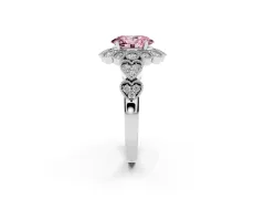 Fancy Pink Oval Cut Diamond Solitaire Ring Set in Platinum with Milgrain Pavé Heart Band