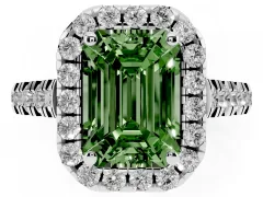 Fancy Green Emerald Cut Diamond Halo Engagement Ring Set in White gold with Pavé Band and Prong-Set Center