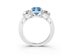 Fancy Blue Cushion Cut Diamond Three-Stone Ring Set in White gold with Round Side Stones and Classic Band