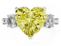Fancy Yellow Heart Cut Diamond Three-Stone Ring Set in Platinum with Pavé Band and Smaller Side Stones