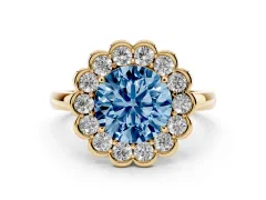 Fancy Blue Round Cut Diamond Halo Cluster Engagement Ring Set in Yellow gold with Solitaire Band and Prong Setting
