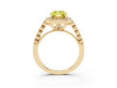 Fancy Yellow Cushion Cut Diamond Milgrain Halo Solitaire Ring Set in Yellow gold with Bezel Set Side Stones and Pavé Band
