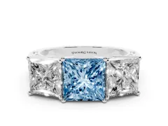 Fancy Blue Princess Cut Diamond Three-Stone Ring Set in Silver with Textured Band