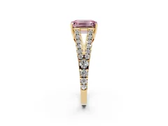Fancy Pink Emerald Cut Diamond Split Shank Pavé Engagement Ring Set in Yellow gold with Prong-Held Center Stone