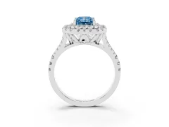 Fancy Blue Radiant Cut Diamond Double Halo Ring Set in Silver with Pavé Split Shank and Prong Setting