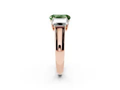 Fancy Green Emerald Cut Diamond Three-Stone Ring Set in Rose gold with Plain Polished Band
