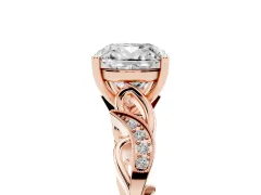Cushion Cut Diamond Vine Band Solitaire Ring Set in Rose gold with Milgrain Prong Setting