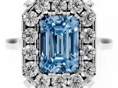Fancy Blue Emerald Cut Diamond Cluster Halo Solitaire Ring Set in Platinum with Prong Setting