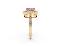 Fancy Pink Radiant Cut Diamond Halo Ring Set in Yellow gold with Accent-Lined Split Shank and Prong Setting