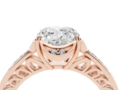 Cushion Cut Diamond Halo Ring Set in Rose gold with Channel Set Band and Prong Setting