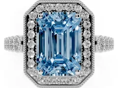 Fancy Blue Emerald Cut Diamond Milgrain Halo Solitaire Ring Set in White gold with Bezel Set Side Stones and Pavé Band