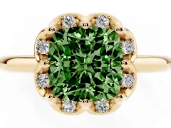 Fancy Green Cushion Cut Diamond Round Cluster Halo Ring Set in Yellow gold with Solitaire Band and Prong Setting