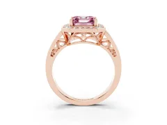 Fancy Pink Asscher Cut Diamond Halo Ring Set in Rose gold with Pavé and Bezel Accent Split Shank