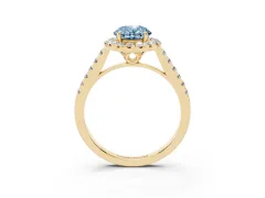 Fancy Blue Oval Cut Diamond Pavé Halo Engagement Ring Set in Yellow gold with Pavé Band and Prong Setting