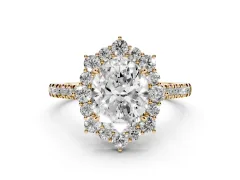 Oval Cut Diamond Halo Ring Set in Yellow gold with Pavé Band and Prong Setting