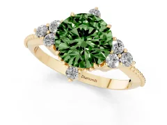 Fancy Green Round Cut Diamond Cluster Ring Set in Yellow gold with Beaded Band