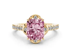 Fancy Pink Radiant Cut Diamond Solitaire Ring Set in Yellow gold with Pavé Band and Floral Prong Setting
