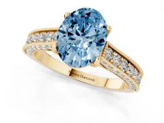 Fancy Blue Oval Cut Diamond Solitaire Ring Set in Yellow gold with Milgrain-Edged Pavé Band and Prong Setting