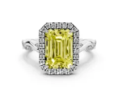 Fancy Yellow Emerald Cut Diamond Halo Twist Band Solitaire Ring Set in White gold with Prong Setting