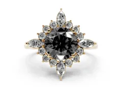 Fancy Black Round Cut Diamond Cluster Halo Ring Set in Yellow gold with Marquise and Round Accents