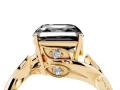 Fancy Black Asscher Cut Diamond Solitaire Twist Engagement Ring Set in Yellow gold with Pavé Leaf Accents