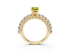 Fancy Yellow Emerald Cut Diamond Solitaire Ring Set in Yellow gold with Shared Prong Pavé Band