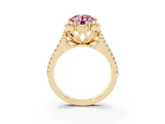 Fancy Pink Round Cut Diamond Floral Halo Split Shank Engagement Ring Set in Yellow gold with Pavé Shank