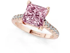 Fancy Pink Princess Cut Diamond Solitaire Ring Set in Rose gold with Brilliant Pavé Band and Prong Setting