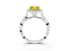 Fancy Yellow Asscher Cut Diamond Halo Twist Band Solitaire Ring Set in Silver with Prong Setting