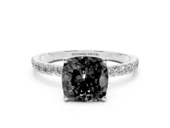 Fancy Black Cushion Cut Diamond Solitaire Engagement Ring Set in White gold with Round Pavé Band and Prong Setting