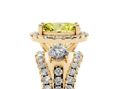Fancy Yellow Oval Cut Diamond Halo Split Shank Ring Set in Yellow gold with Round Accent Stones and Prong Setting