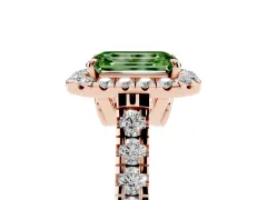 Fancy Green Emerald Cut Diamond Halo Engagement Ring Set in Rose gold with Pavé Band and Prong-Set Center