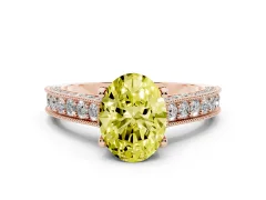 Fancy Yellow Oval Cut Diamond Solitaire Ring Set in Rose gold with Milgrain-Edged Pavé Band and Prong Setting