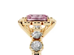 Fancy Pink Emerald Cut Diamond Floral Halo Ring Set in Yellow gold with Shared Prong Band